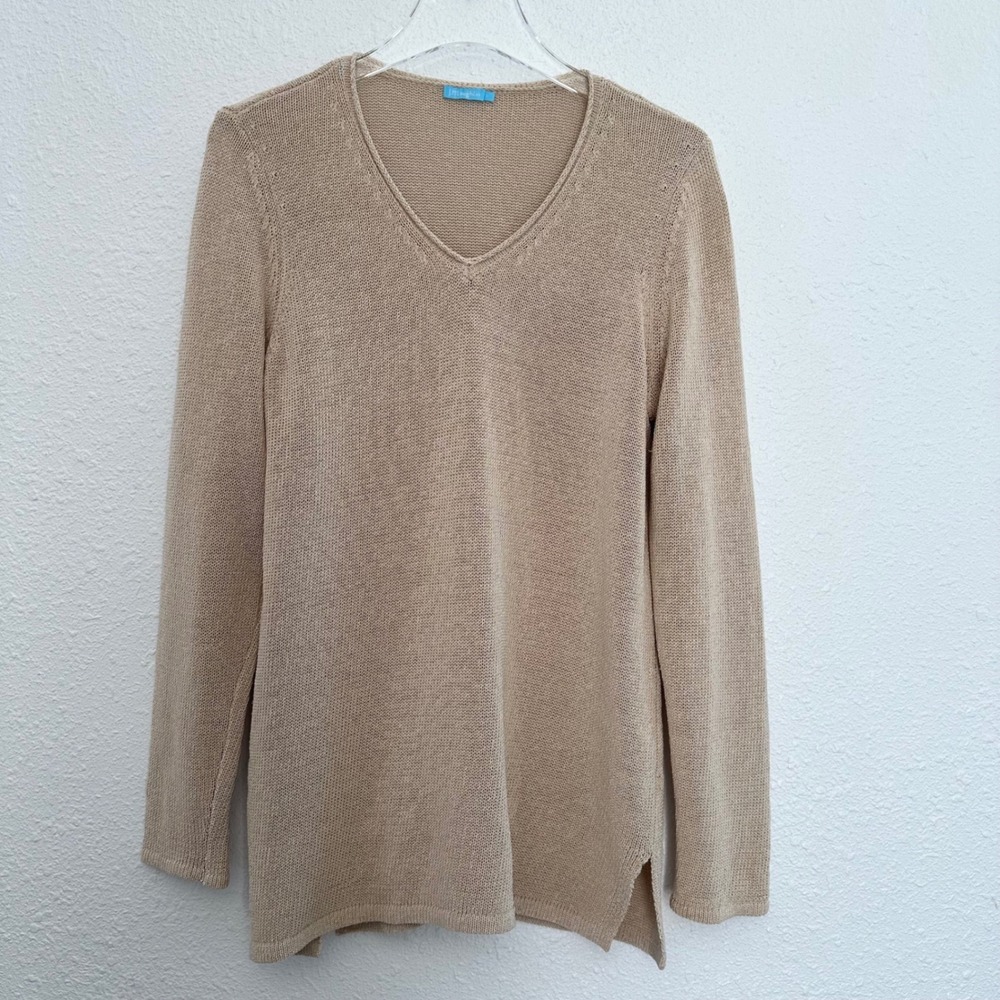 J.McLaughlin Knit Sweater Women Large Tan V-Neck Pullover Modest Minimalist